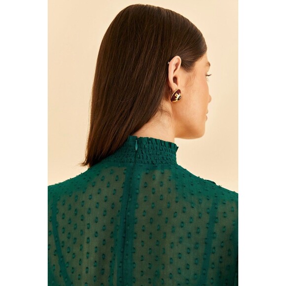 Farm Rio Emerald Green Ruffled Boho Blouse Swiss Dot Semi Sheer Mock Neck Size L - Picture 6 of 15